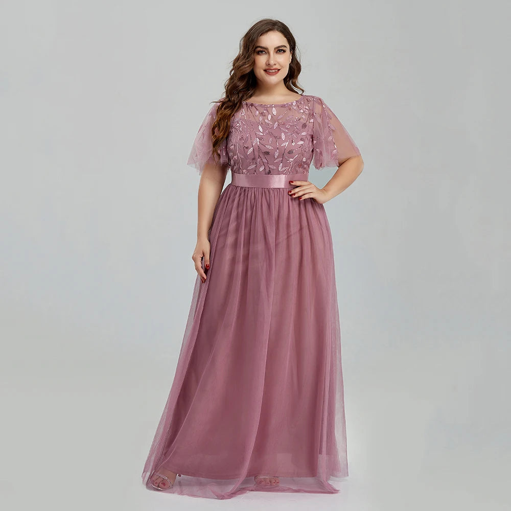 Women's Plus Size Mesh A-Line Sequin Embroidery Evening Dress Leaf  Maxi Prom Dress With Sleeves For Wedding Dress 2022