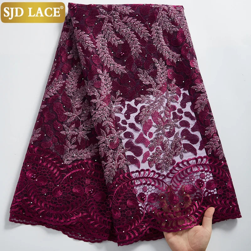 Tela de encaje africano SJD LACE con piedras Tela de encaje de malla francesa nigeriana 2021 Nuevo estilo para vestido de fiesta de boda Coser A2322