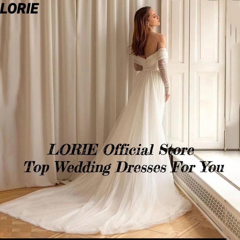 LORIE Vestidos de novia elegantes de sirena con hombros descubiertos y purpurina, sin tirantes, mangas largas brillantes, ajustados, vestidos de novia bohemios de talla grande