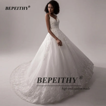 BEPEITHY Sexy Dos Nu Dentelle Corsage Robes De Mariée Pour Femmes Sans Manches Perles Mariée Ivoire Blanc Robe De Mariée 2023 Col En V