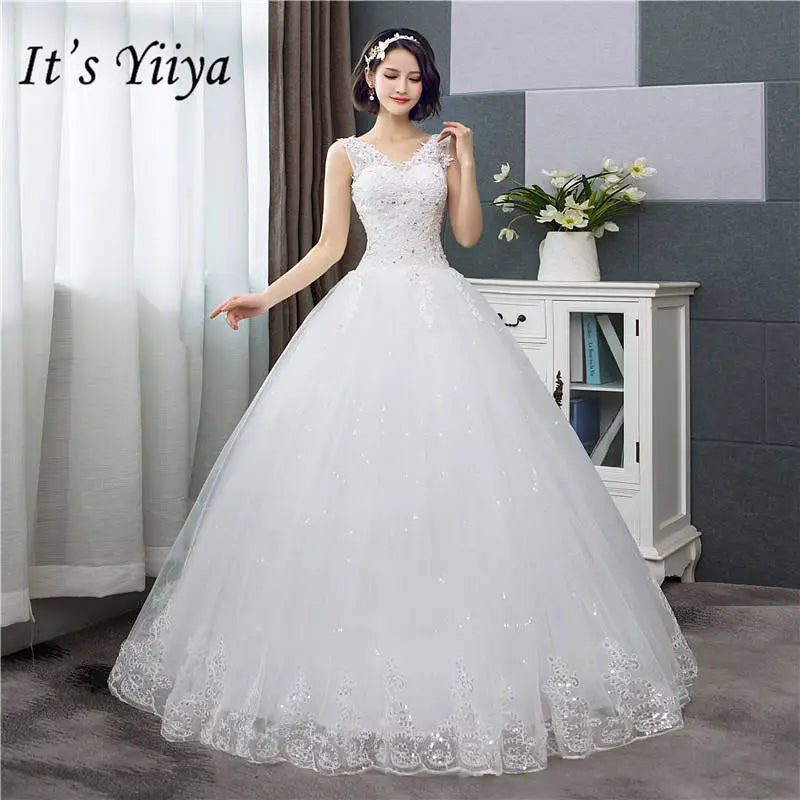 It's YiiYa New V-neck Wedding Dresses Simple Off White Sequined Cheap Wedding Gown De Novia HS288