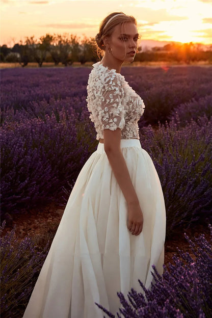 Vestido de novia bohemio de dos piezas, cuello redondo, apliques de encaje 3D, gasa, mangas cortas, estilo campestre, vestidos de novia, largo hasta el suelo