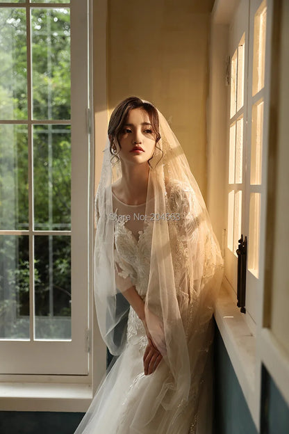 New Arrive Luxury One Layer Wedding Veil with Sequined Lace Stunning Long Bridal Veils with Comb AX2020