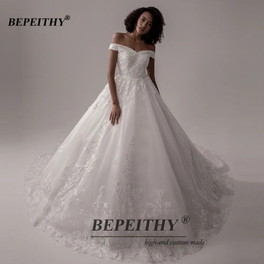 BEPEITHY Luxury Lace Wedding Dresses 2022 Off The Shoulder Princess Bridal Dress Court Train Sleeveless Ball Gown Wedding Dress