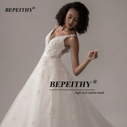 BEPEITHY V Neck Ball Gown Wedding Dress For Women Backless Organza Spaghetti Straps Lace Wedding Gown For Bride 2022 New Arrival