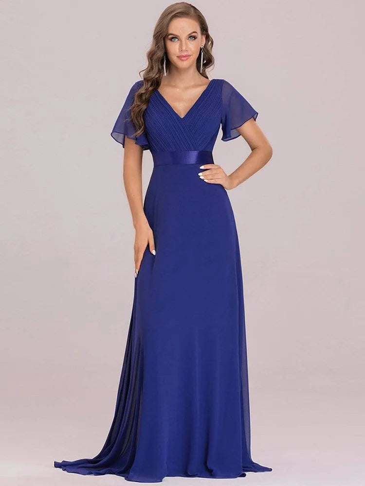 Vestidos de dama de honor de color rosa para mujer, largos, elegantes, de corte A, con escote en V doble, con volantes, de gasa, vestido formal para fiesta de boda, nuevo vestido largo de graduación