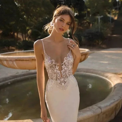 Sexy Mermaid Wedding Dresses 2024 Spaghetti Straps Appliques Lace Beach Bride Dress Backless Boho Wedding Gown Vestidos do novia