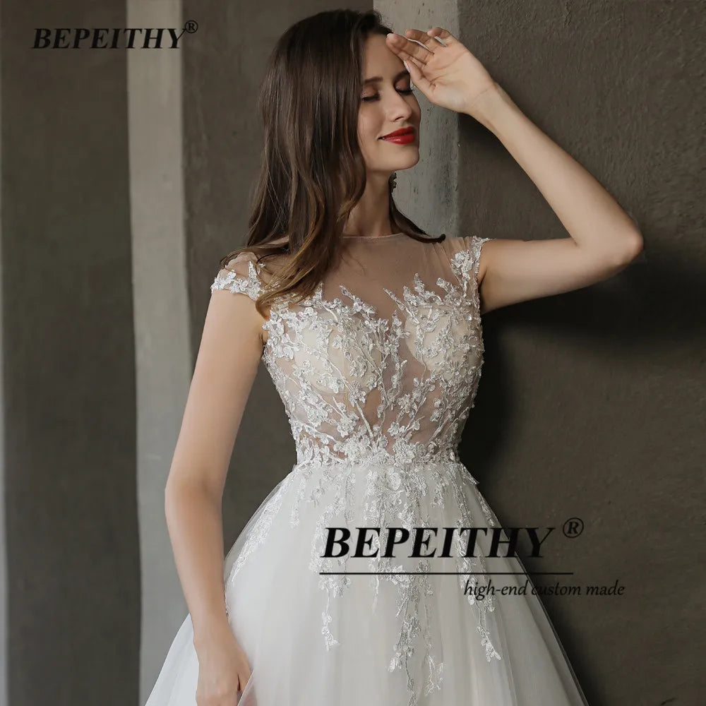 BEPEITHY A Line Cap Sleeves Boho Robes De Mariée 2023 Robes De Mariée O Neck Lace Sexy Boho Bridal Beach Dress Suknia Slubna