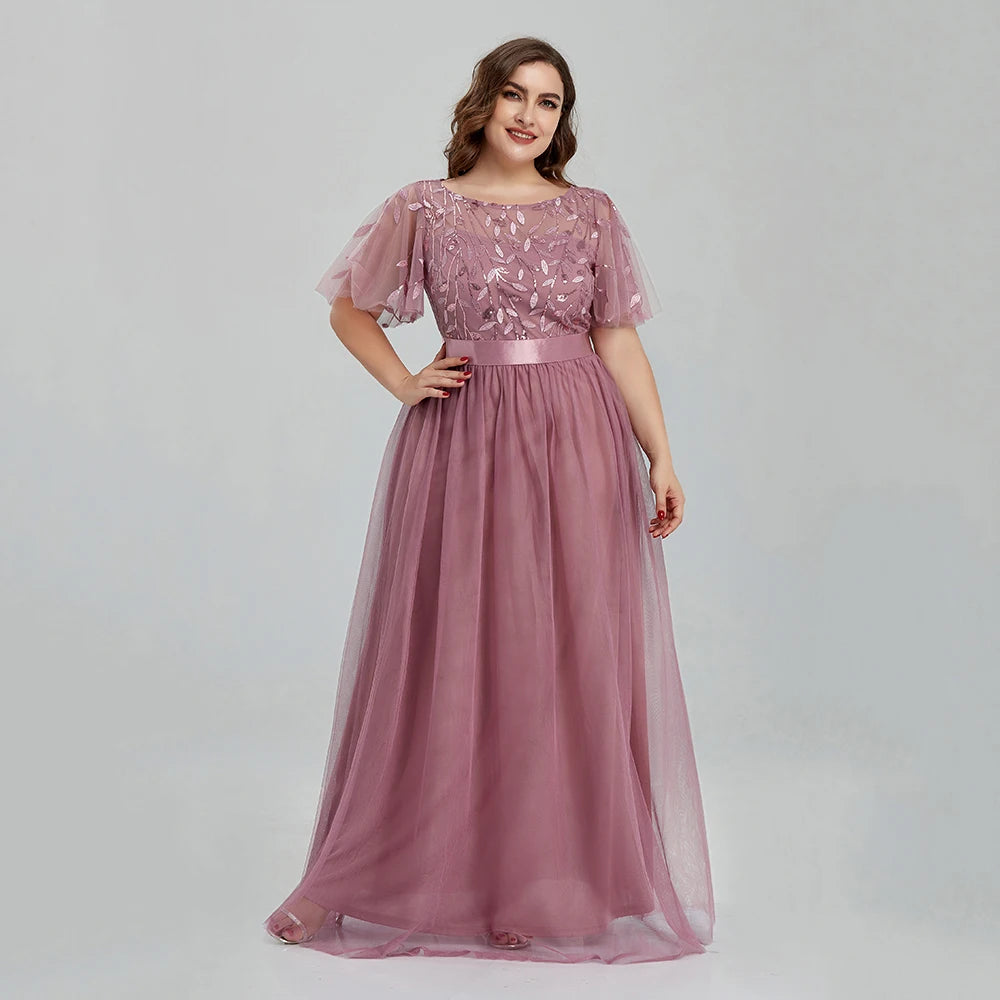 Women's Plus Size Mesh A-Line Sequin Embroidery Evening Dress Leaf  Maxi Prom Dress With Sleeves For Wedding Dress 2022