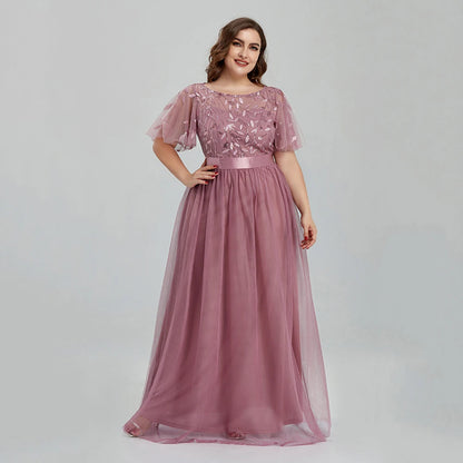 Robe de soirée grande taille en maille A-Line à paillettes brodées, robe de bal longue à feuilles avec manches pour robe de mariée 2022