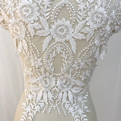 Apliques de encaje francés blanco puro en 3D para vestido de novia, tocado de novia, cuello de encaje blanco marfil, parche de tela de encaje RS1234