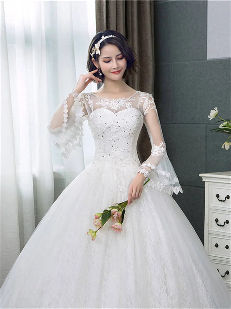 It's YiiYa New Long Flare Sleeve Wedding Dresses Simple O-neck Back Lace Up Wedding Gown HS283