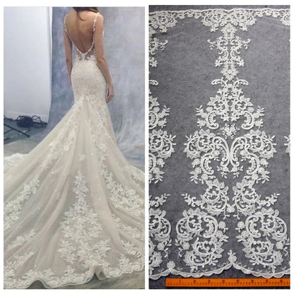 High quality Black large pattern on tulle embroidery lace fabric wedding dress/high-end dress lace fabric by yard