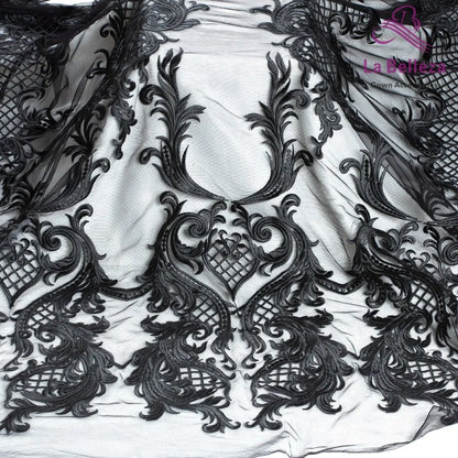 La Belleza Off white/Black polyester on mesh heavy embroidery wedding dress lace fabric 1 yard 51" width