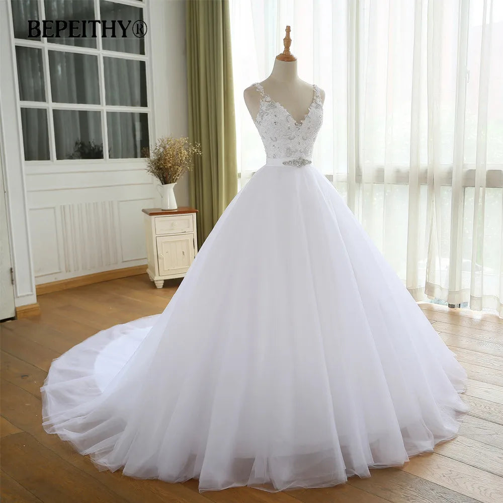 BEPEITHY Robe de mariée vintage à col en V avec ceinture Robe de mariée Casamento Perles Robes de mariée 2022 Robe de bal