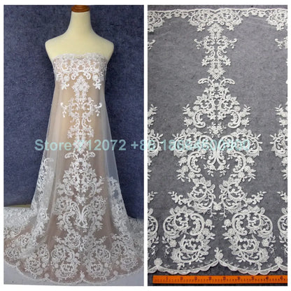 High quality Black large pattern on tulle embroidery lace fabric wedding dress/high-end dress lace fabric by yard