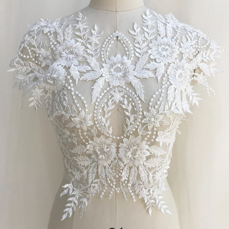 Apliques de encaje francés blanco puro en 3D para vestido de novia, tocado de novia, cuello de encaje blanco marfil, parche de tela de encaje RS1234