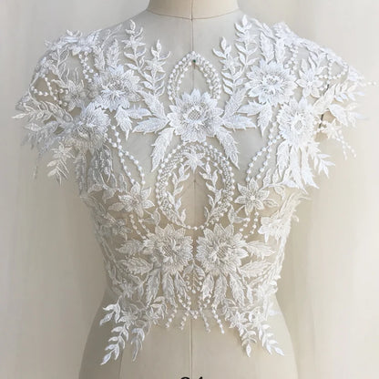 Apliques de encaje francés blanco puro en 3D para vestido de novia, tocado de novia, cuello de encaje blanco marfil, parche de tela de encaje RS1234