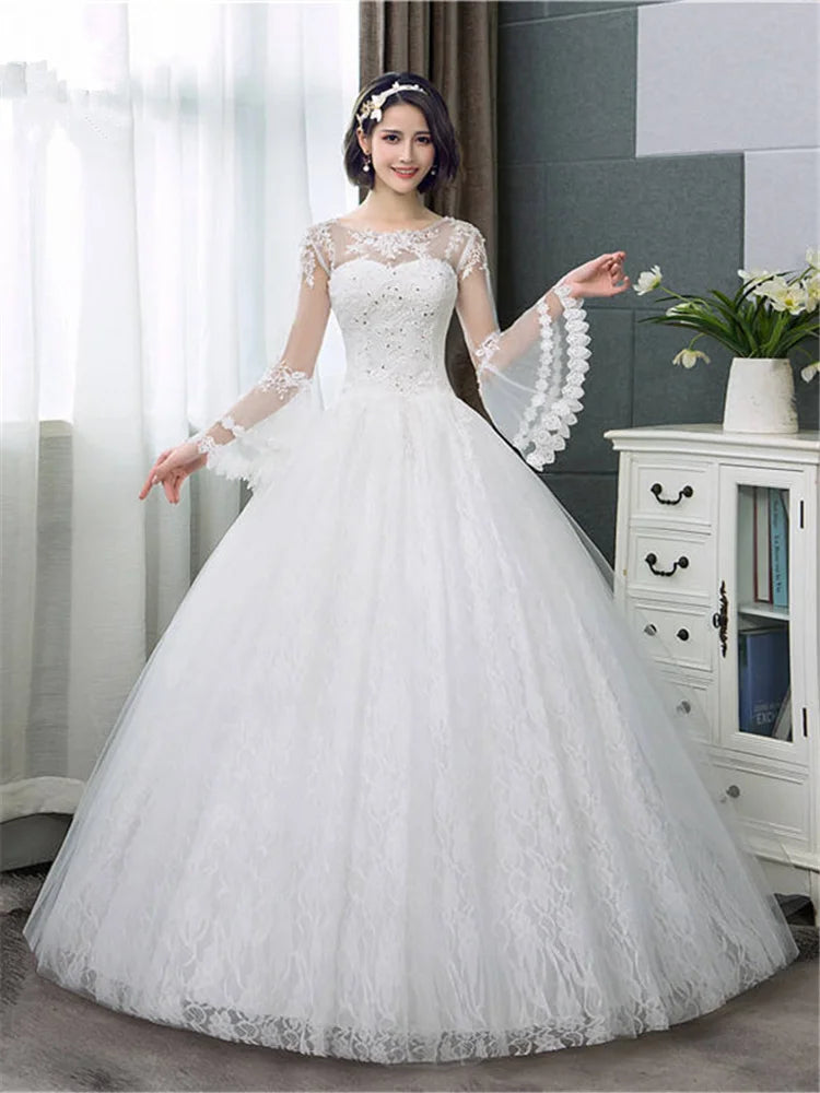 It's YiiYa New Long Flare Sleeve Wedding Dresses Simple O-neck Back Lace Up Wedding Gown HS283