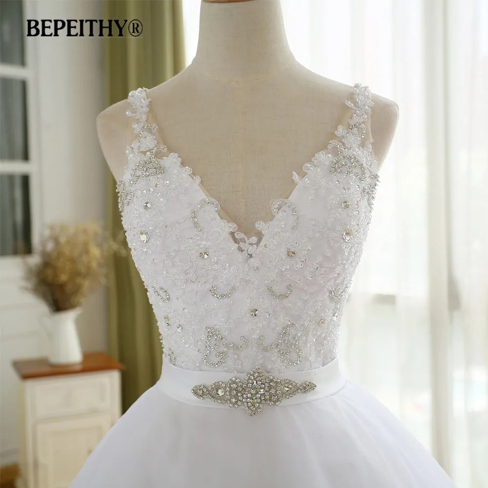 BEPEITHY Robe de mariée vintage à col en V avec ceinture Robe de mariée Casamento Perles Robes de mariée 2022 Robe de bal