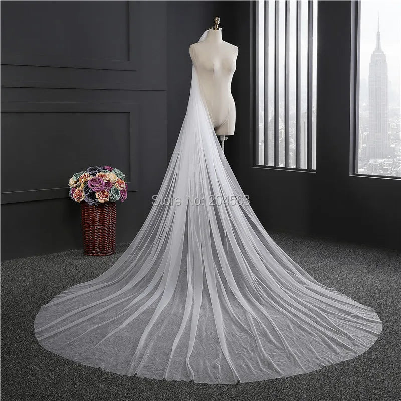 One-Layer White or Ivory Bridal Veil 3 Meters Long Cathedral Wedding Veils Tulle Simple Veil for Bride HL