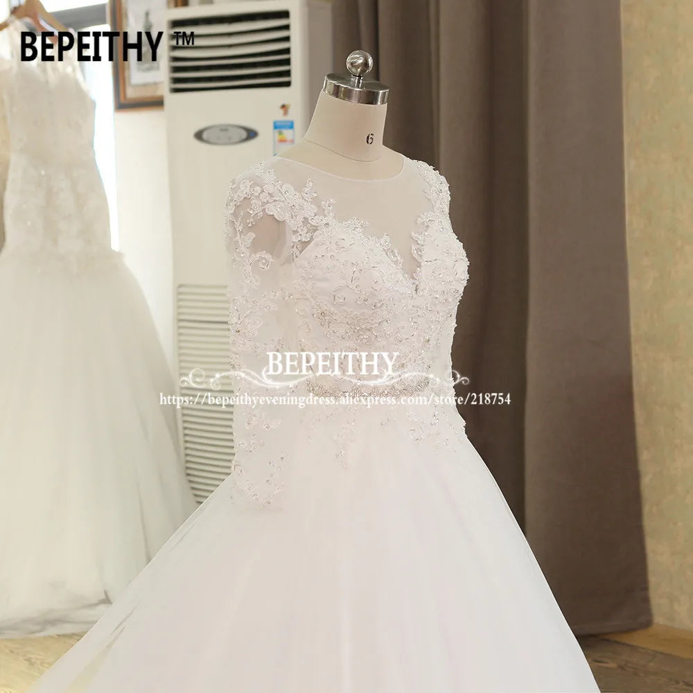 BEPEITHY Robe De Mariage Ball Gown Princess Wedding Dress With Crystal Sash Long Sleeves Lace Bridal Gowns Vestido De Novia 2022