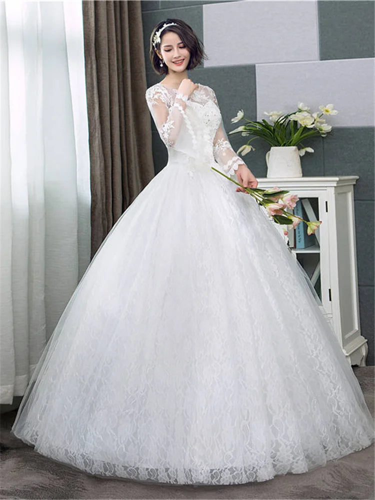 It's YiiYa New Long Flare Sleeve Wedding Dresses Simple O-neck Back Lace Up Wedding Gown HS283