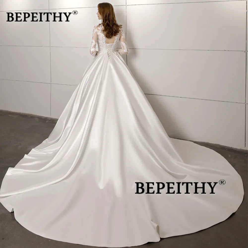 Robe De Mariee Ball Gown Wedding Dress With Full Sleeves Court Train Bridal Satin Lace Vintage Wedding Dresses 2022 Vestidos