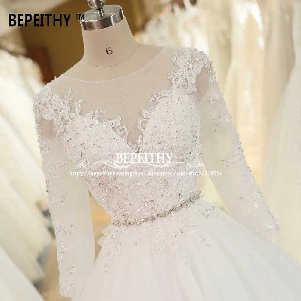 BEPEITHY Robe De Mariage Ball Gown Princess Wedding Dress With Crystal Sash Long Sleeves Lace Bridal Gowns Vestido De Novia 2022