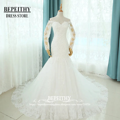 BEPEITHY Sweetheart Ivory Lace Wedding Dresses For Women 2023 White Long Sleeves Court Train Sexy Bridal Gown Vestido De Noiva