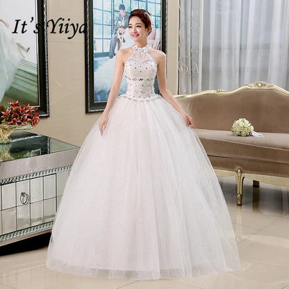 It's YiiYa New Long Flare Sleeve Wedding Dresses Simple O-neck Back Lace Up Wedding Gown HS283