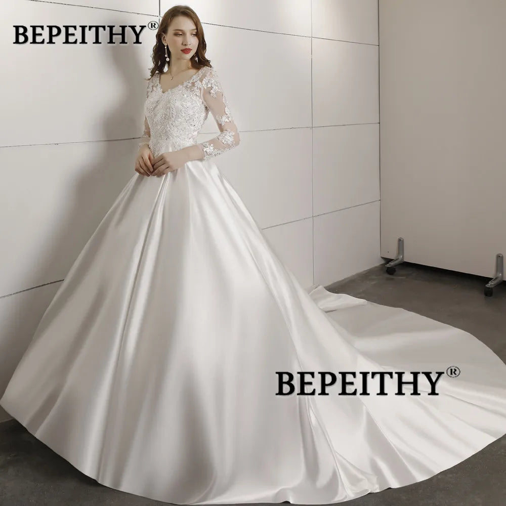 Robe De Mariee Ball Gown Wedding Dress With Full Sleeves Court Train Bridal Satin Lace Vintage Wedding Dresses 2022 Vestidos