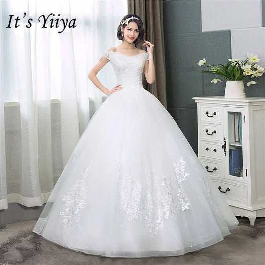 It's YiiYa Sexy Boat Neck Wedding Dresses Simple Off White Cheap Sleeveless Wedding Gown HS284