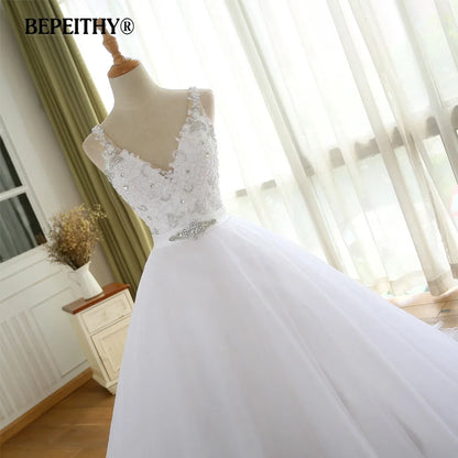 BEPEITHY Robe de mariée vintage à col en V avec ceinture Robe de mariée Casamento Perles Robes de mariée 2022 Robe de bal