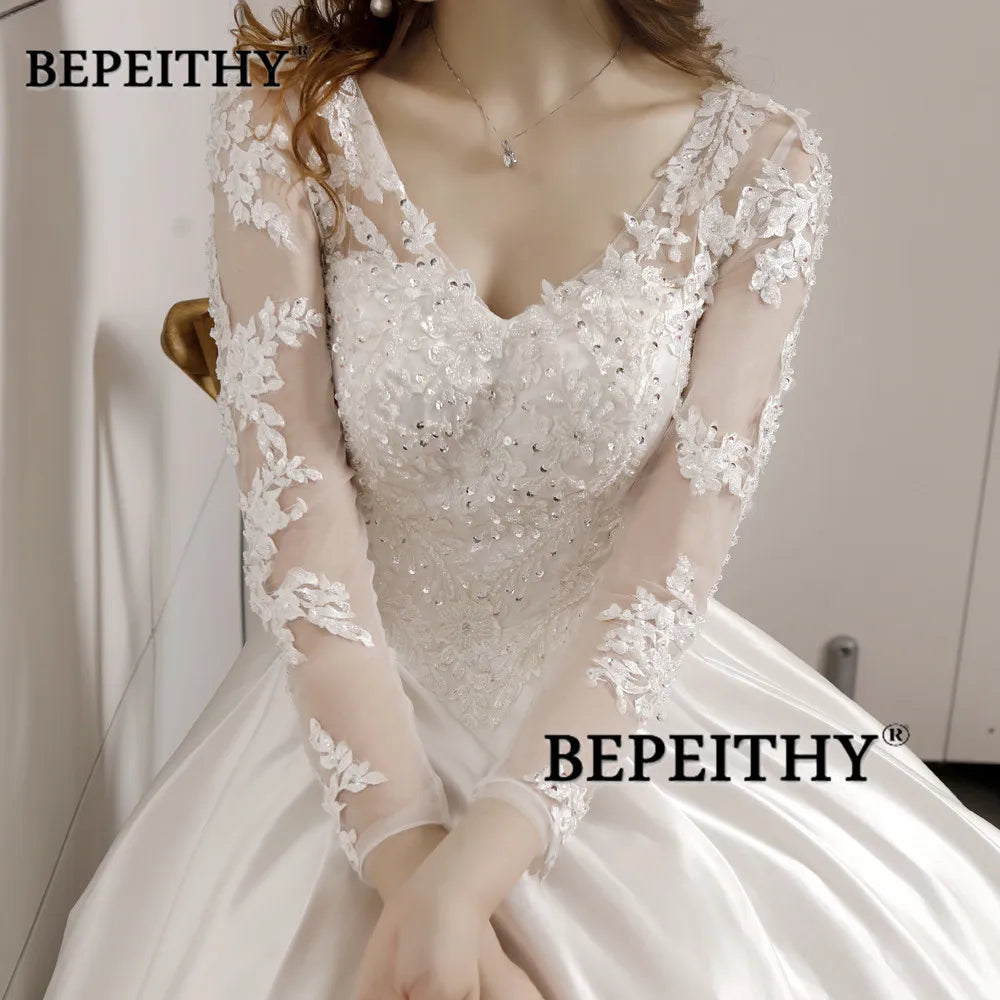 Robe De Mariee Ball Gown Wedding Dress With Full Sleeves Court Train Bridal Satin Lace Vintage Wedding Dresses 2022 Vestidos