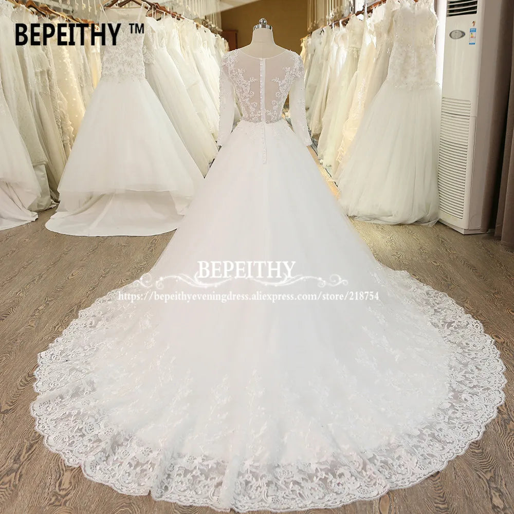 BEPEITHY Robe De Mariage Ball Gown Princess Wedding Dress With Crystal Sash Long Sleeves Lace Bridal Gowns Vestido De Novia 2022