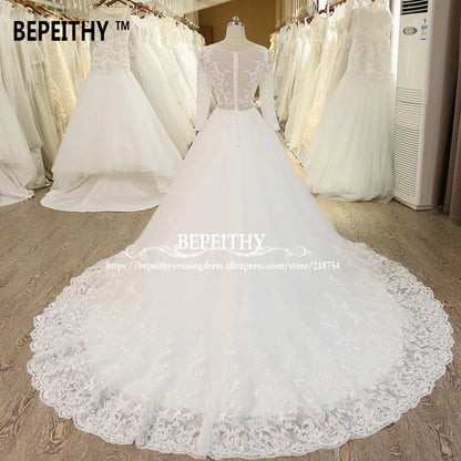 BEPEITHY Robe De Mariage Ball Gown Princess Wedding Dress With Crystal Sash Long Sleeves Lace Bridal Gowns Vestido De Novia 2022