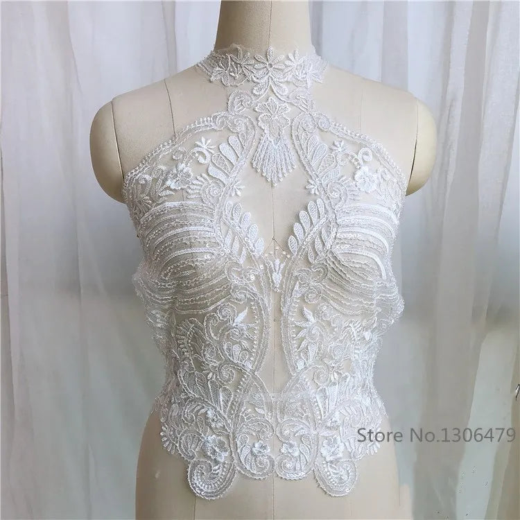 Pure White French Lace Beads 3D Wedding Dress Applique DIY Bridal Headdress Ivory White Lace Collar Lace Fabric Patch RS1234