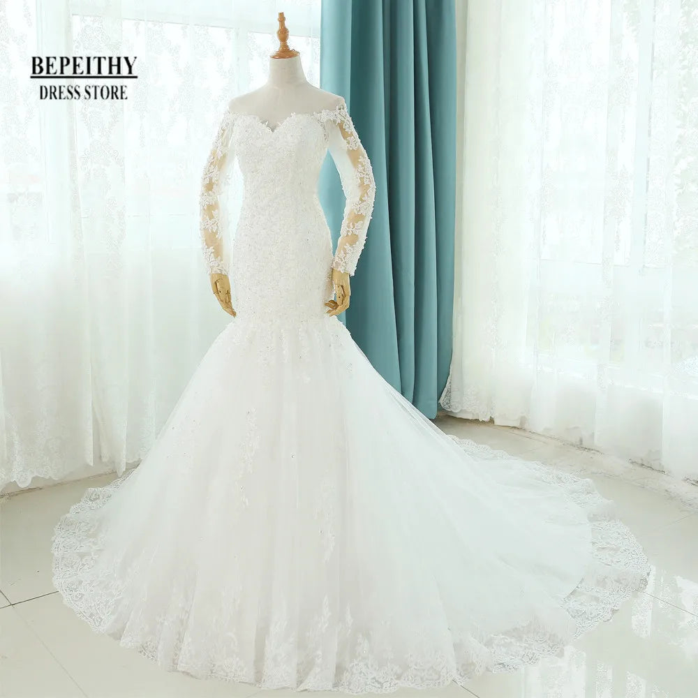 BEPEITHY Sweetheart Ivory Lace Wedding Dresses For Women 2023 White Long Sleeves Court Train Sexy Bridal Gown Vestido De Noiva