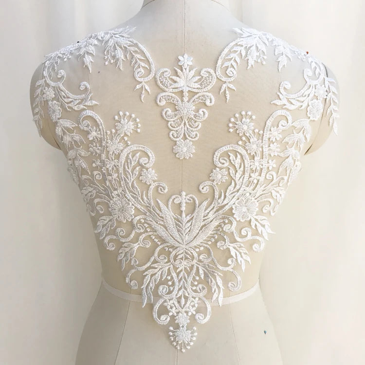 Apliques de encaje francés blanco puro en 3D para vestido de novia, tocado de novia, cuello de encaje blanco marfil, parche de tela de encaje RS1234