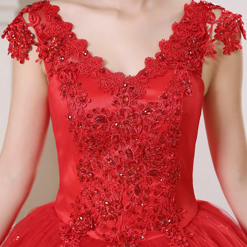 Envío gratuito Vestidos de novia rojos y blancos con cristales y escote en V Vestidos de novia de talla grande Princesa con encaje Vestidos de novia baratos HS159