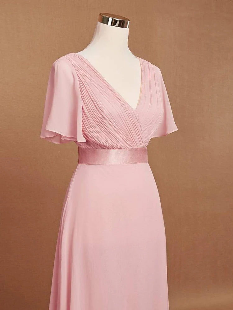 Robe de demoiselle d'honneur rose longue et élégante pour femme, coupe A, col en V double, volants, en mousseline de soie, robe de soirée de mariage formelle, nouvelle robe de bal longue