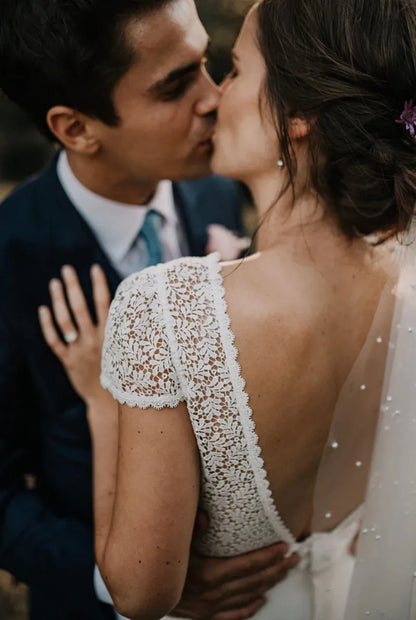 Robe de mariée dos nu en mousseline de soie bohème pour femmes, simple, blanche, manches courtes, ligne A, robes de mariée de plage