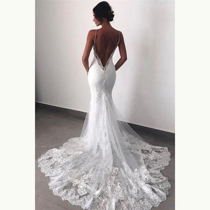 Vestidos de novia sexys de sirena blanca con encaje en la espalda abierta y tirantes finos con apliques, vestidos de novia elegantes de estilo vintage