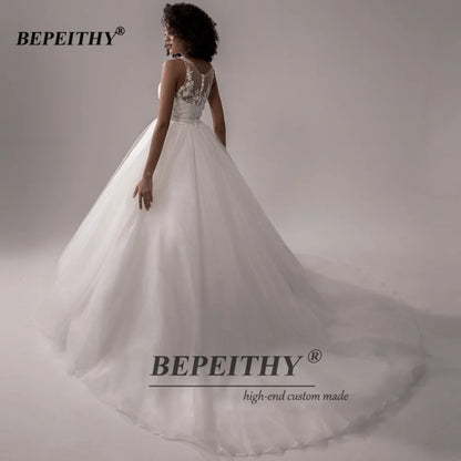 BEPEITHY O Neck Ball Gown Wedding Dress Sleeveless Princess Bridal Gowns Zipper Back Vintage Wedding Dresses For Women With Belt