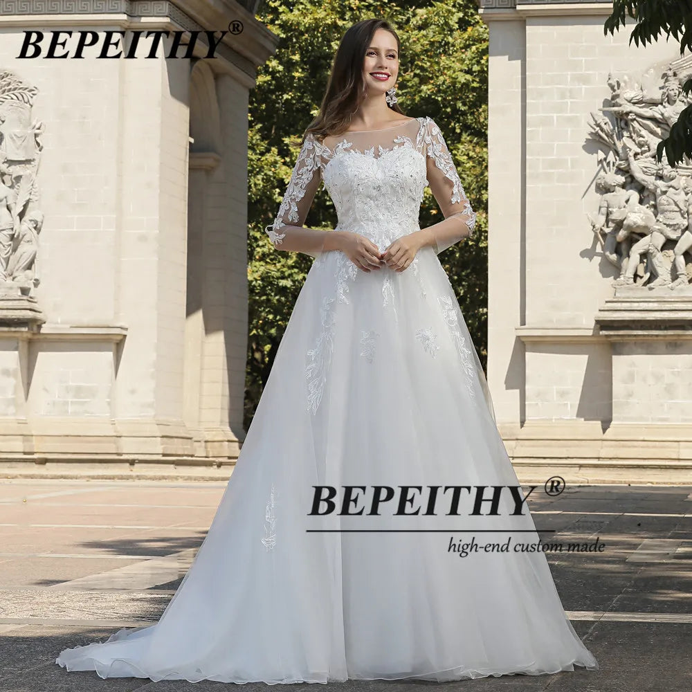 BEPEITHY Vestidos de novia de encaje marfil de línea A para novia Robe De Soiree Beach Vestidos de novia blancos de manga larga Vestidos de novia bohemios