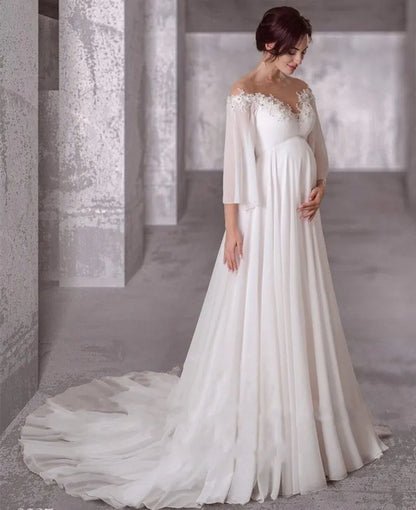 Robes de mariée de maternité en mousseline de soie 2024 manches longues robes de mariée enceintes bohèmes train de balayage élégante simple robe de mariage