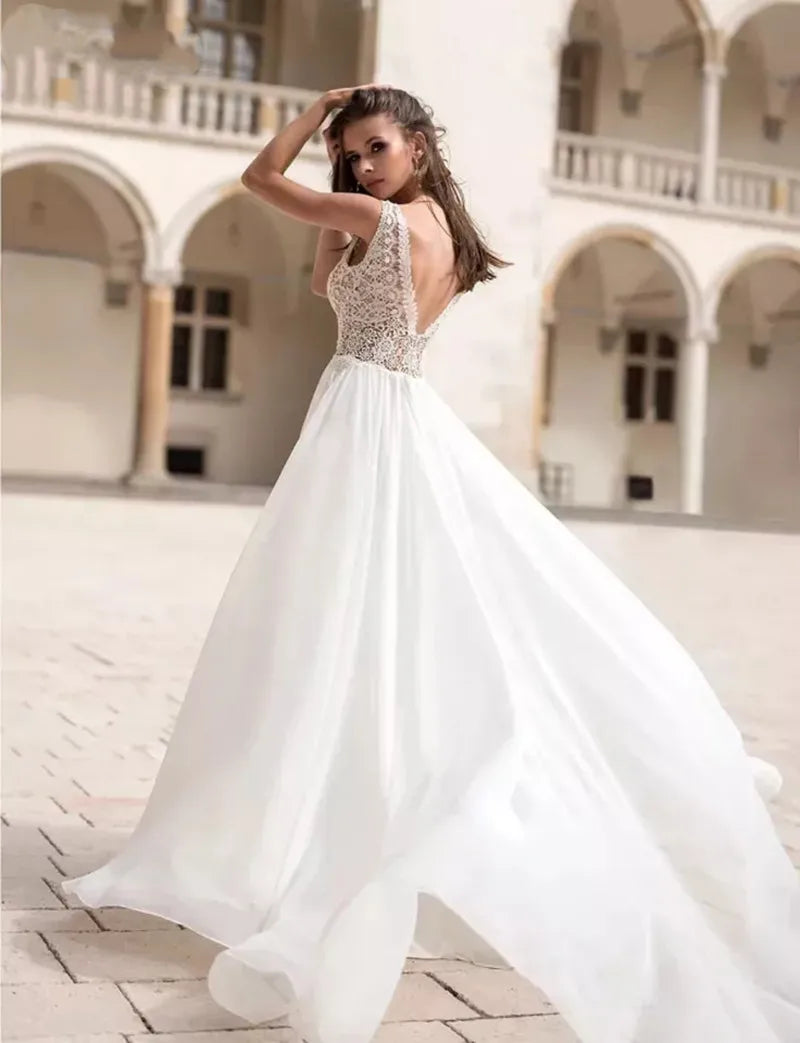 Vestidos de novia de gasa de playa con mangas abullonadas desmontables, escote en V, apliques de encaje, espalda descubierta, bohemios, elegantes vestidos de novia