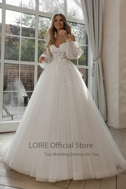 LORIE Vestidos de novia con purpurina, mangas abullonadas, apliques de encaje, flores 3D, hombros descubiertos, tul, vestido de novia bohemio 2024 vestidos de novia