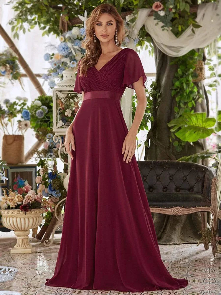 Vestidos de dama de honor de color rosa para mujer, largos, elegantes, de corte A, con escote en V doble, con volantes, de gasa, vestido formal para fiesta de boda, nuevo vestido largo de graduación